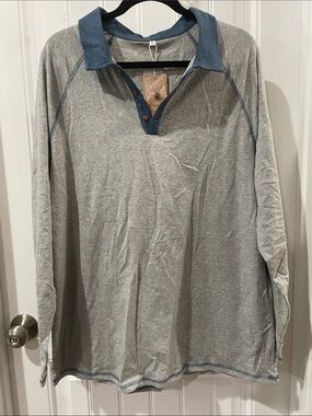Men's Light Gray Long-Sleeve Polo with Blue Trim